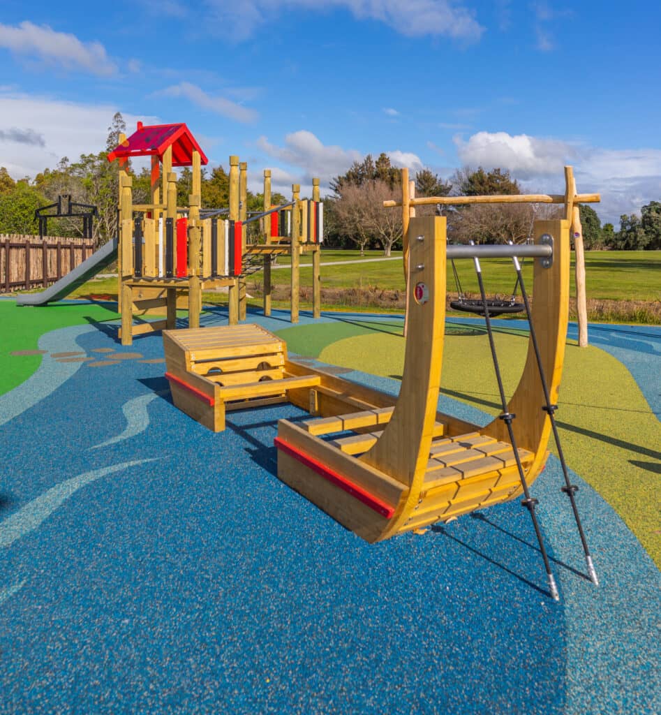 Thematic Playground Design done right at Whitikau Reserve. Waka, river and heritage.